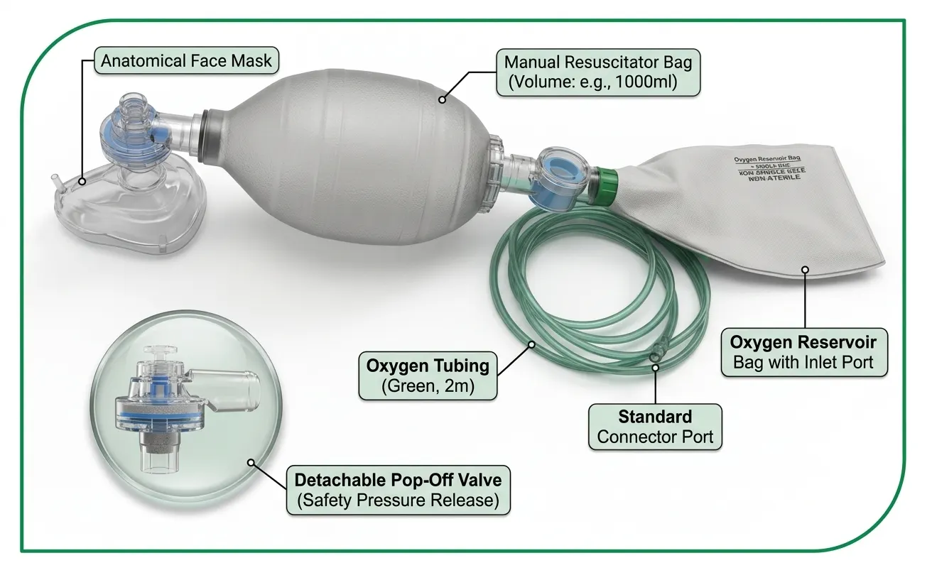 Medical silicone resuscitator kit used for providing emergency ventilation and respiratory support.