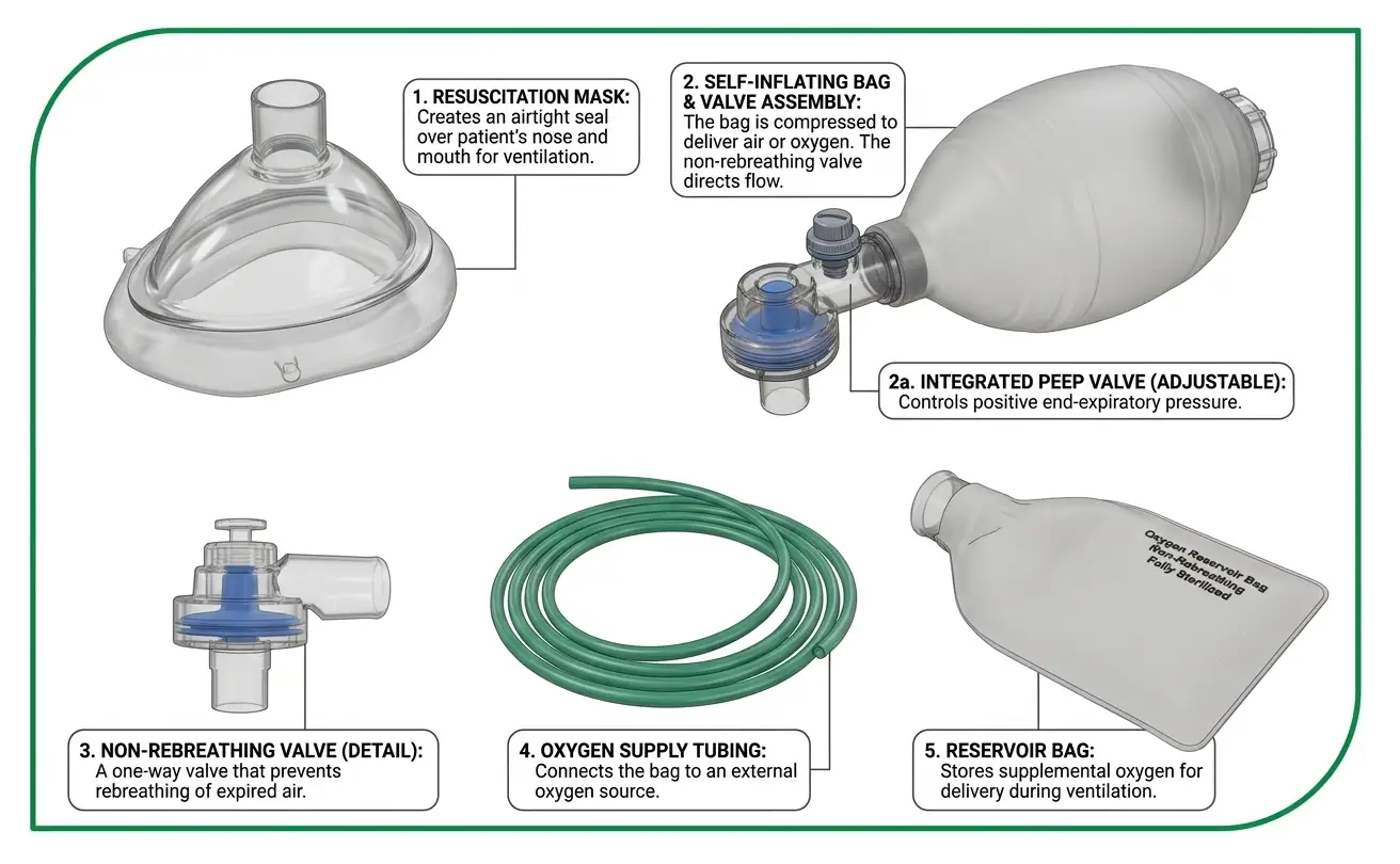 White silicone manual resuscitator bag with clear face mask and oxygen tubing