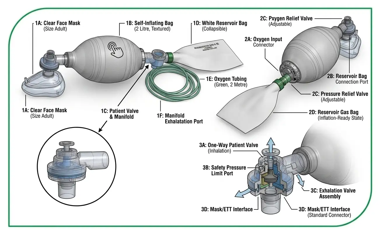 Self-inflating silicone resuscitator bag with mask for emergency oxygen delivery